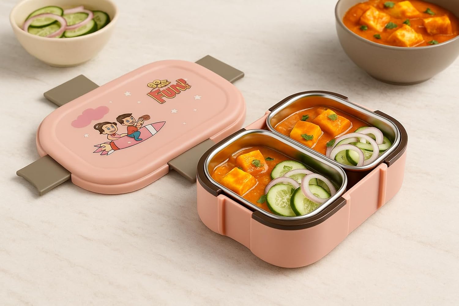 Stainless Steel Tiffin Lunch Box with 4 Side Clip Lock Lid, 2 Compartment Leakproof Food Grade Steel Container for Office, Kids School and Travel (Pink)