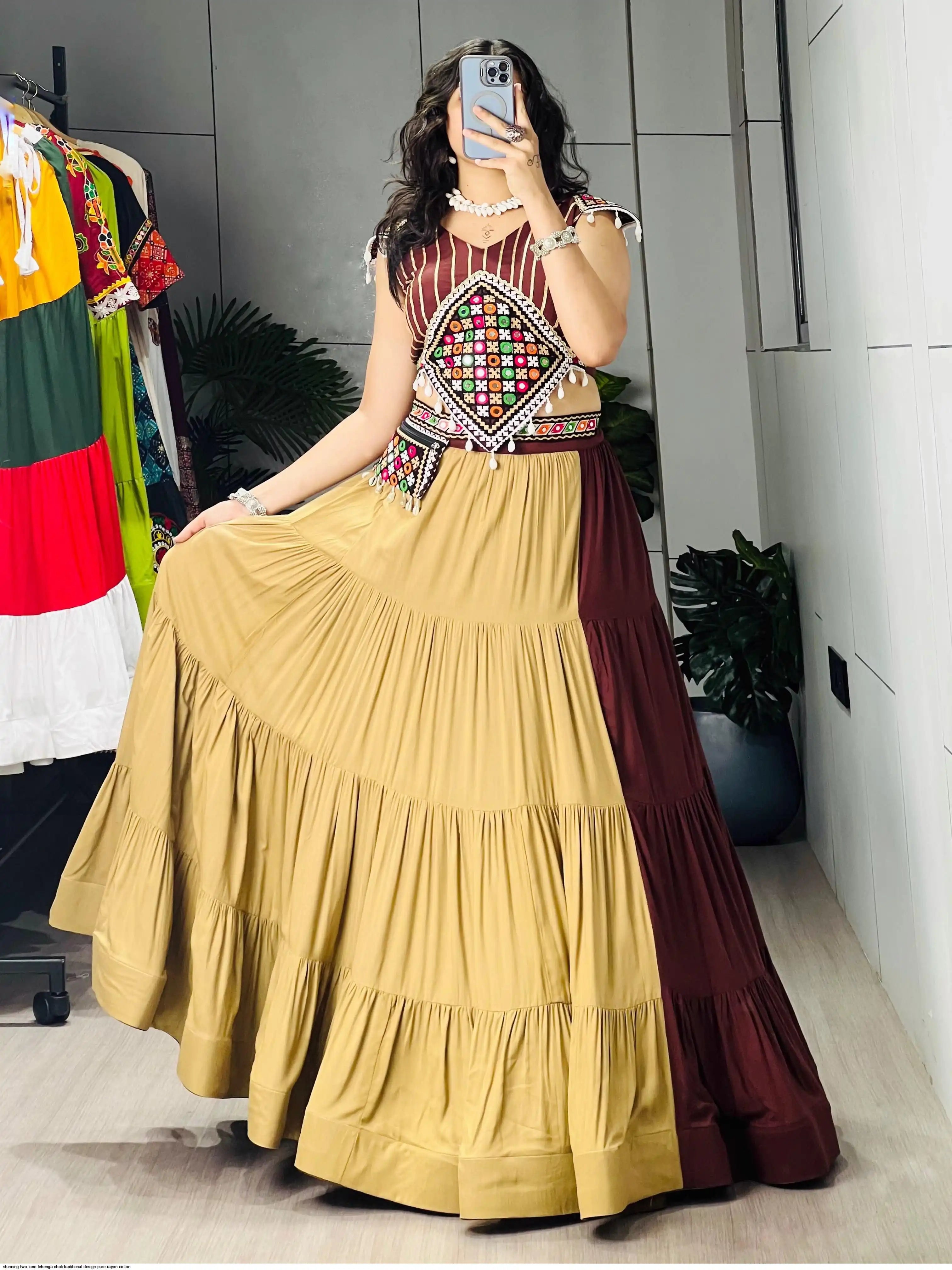 STUNNING TWO TONE LEHENGA CHOLI TRADITIONAL DESIGN PURE RAYON COTTON SIZE 40