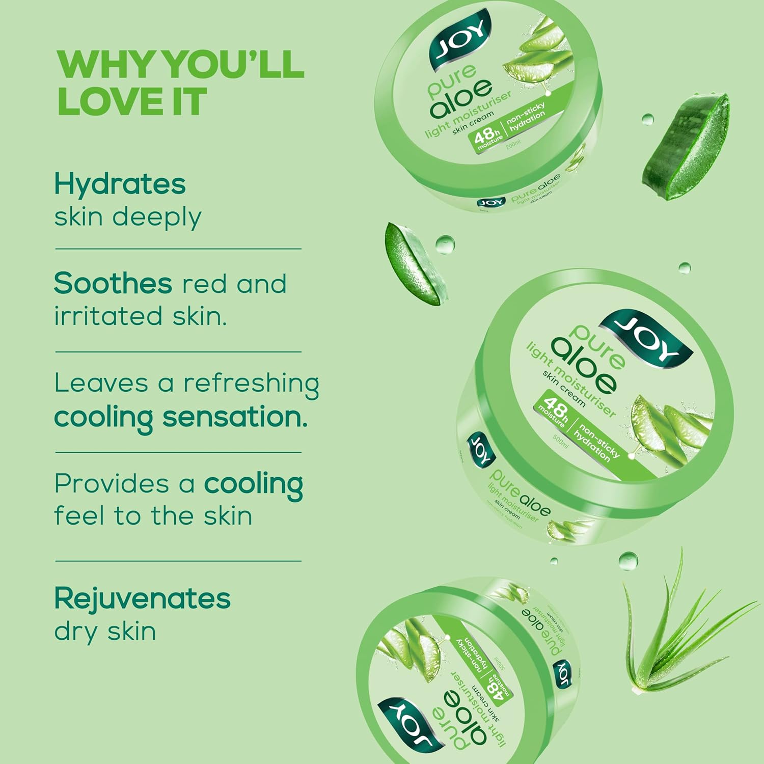 Joy Pure Aloe Vera Light Moisturiser Skin Cream for Face, Hands & Body, 48H Moisture & Non-Sticky Summer Hydration, Aloe Vera Daily Moisturizer, 200ml × 2