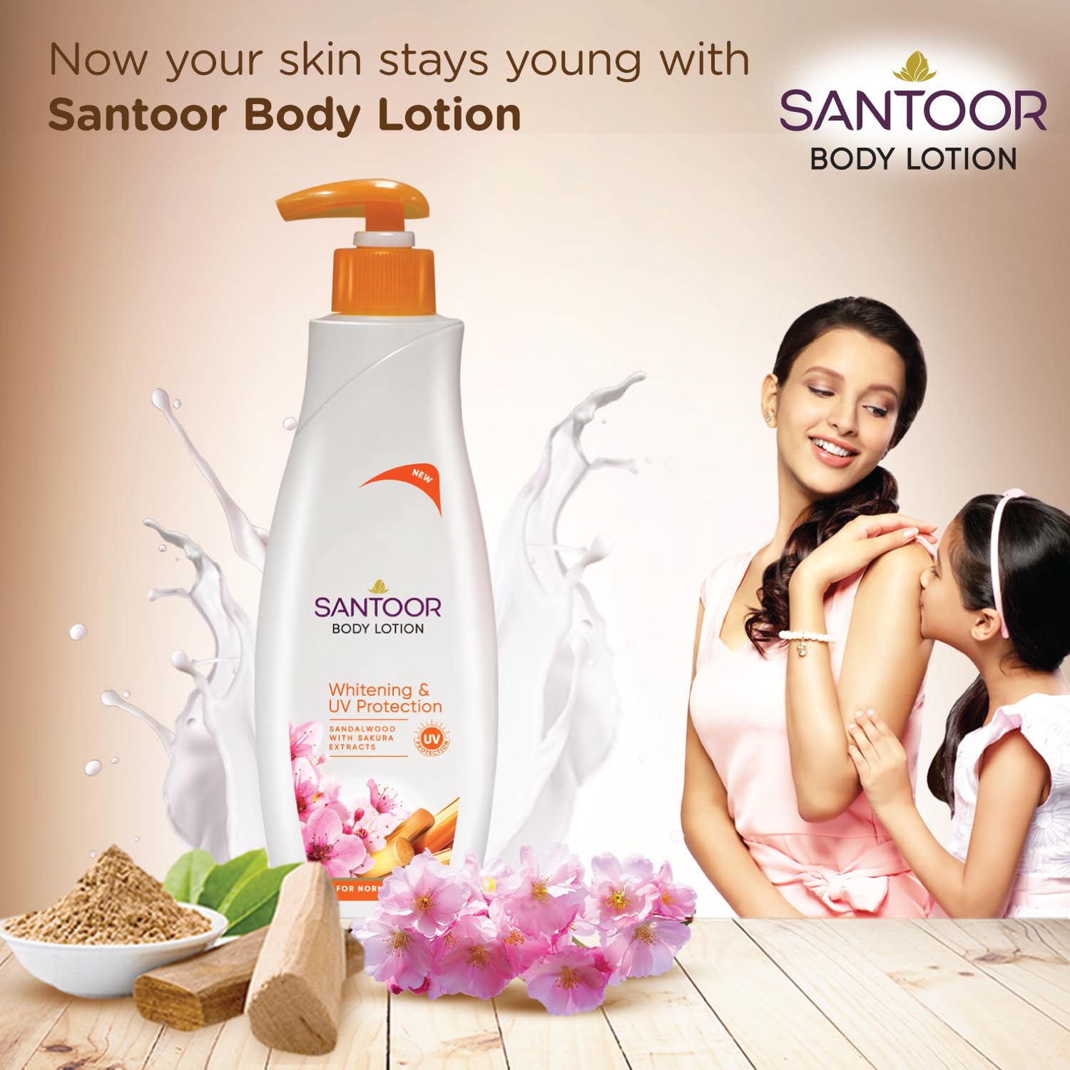 Santoor Perfumed Body Lotion with Sandalwood & Sakura Extracts for Skin Whitening & UV Protection| Deep Moisturization & Sunburn Reduction| Non-Greasy Lotion For Normal Skin| 400ml