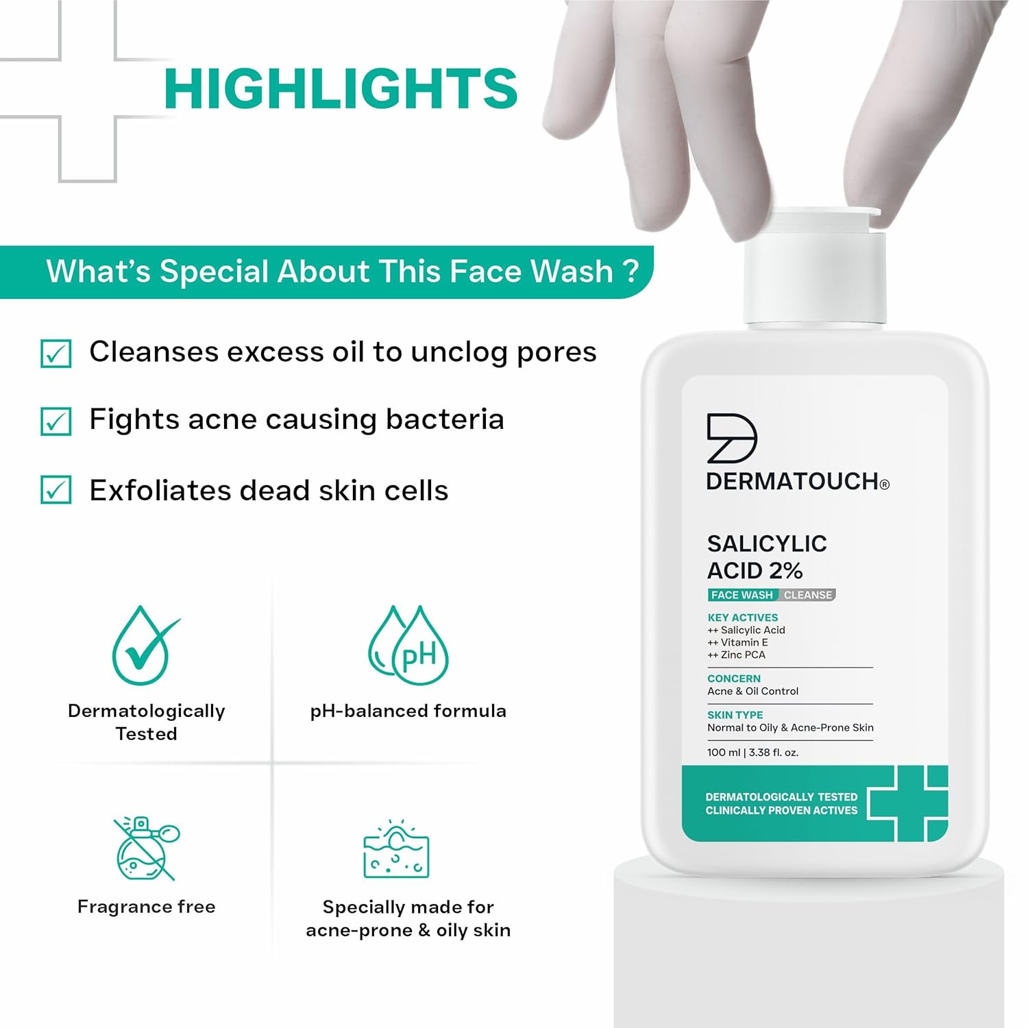 DERMATOUCH Salicylic Acid 2% Face Wash | For Acne & Oil Control | For Normal to Oily and Acne-Prone Skin | Dermatologist Tested | For Men & Women | 100ml