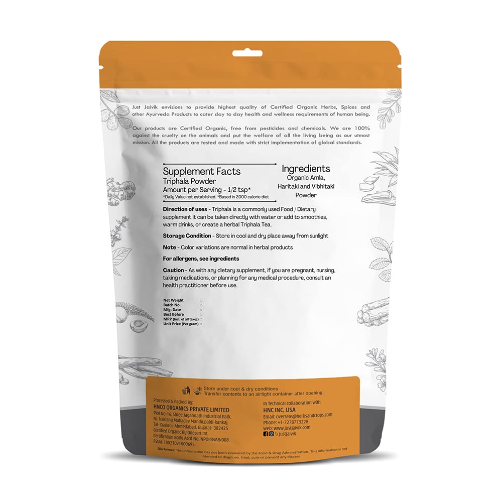 Just Jaivik Organic Triphala Powder/Churna 227 Gm Dietary Supplement | Bowel Wellness & Gut Health, Natural Gas & Constipation Relief, Supporting Your Immune System | Non- GMO, No Added Preservatives & Fillers