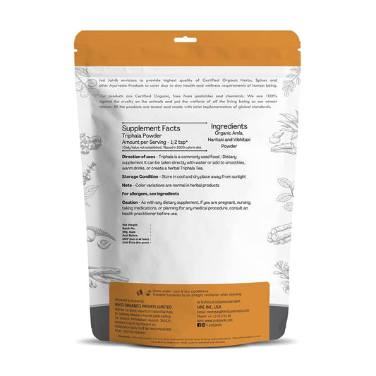 Just Jaivik Organic Triphala Powder/Churna 227 Gm Dietary Supplement | Bowel Wellness & Gut Health, Natural Gas & Constipation Relief, Supporting Your Immune System | Non- GMO, No Added Preservatives & Fillers