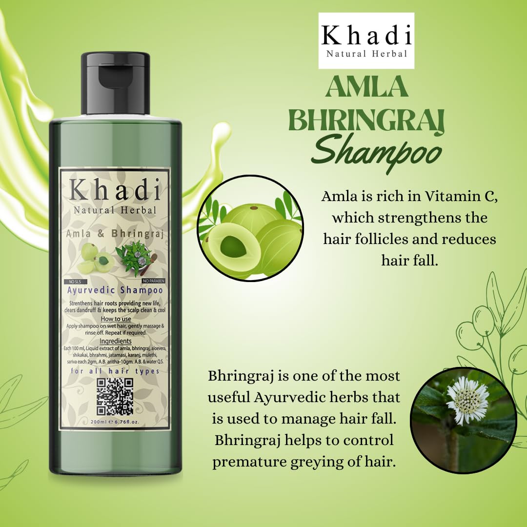 Khadi Natural Herbal Amla And Bhringraj Shampoo | Anti Hair Fall & Anti Dandruff Shampoo | Enriched With 9 Herbal Extracts | Nourishes & Strengthen Hair | Suitable For All Hair Types | Paraben & Sls Free Hair Cleanser For Women & Men 200ml
