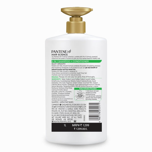 Pantene Advanced Hairfall Solution, 2in1 Anti-Hairfall Silky Smooth Shampoo & Conditioner for Women, 1L