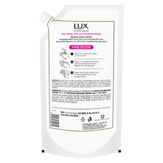 Lux Handwash with French Rose & Almond Oil For Clean|| Soft & Fregrant Hands Refill Pouch|| 750 ml
