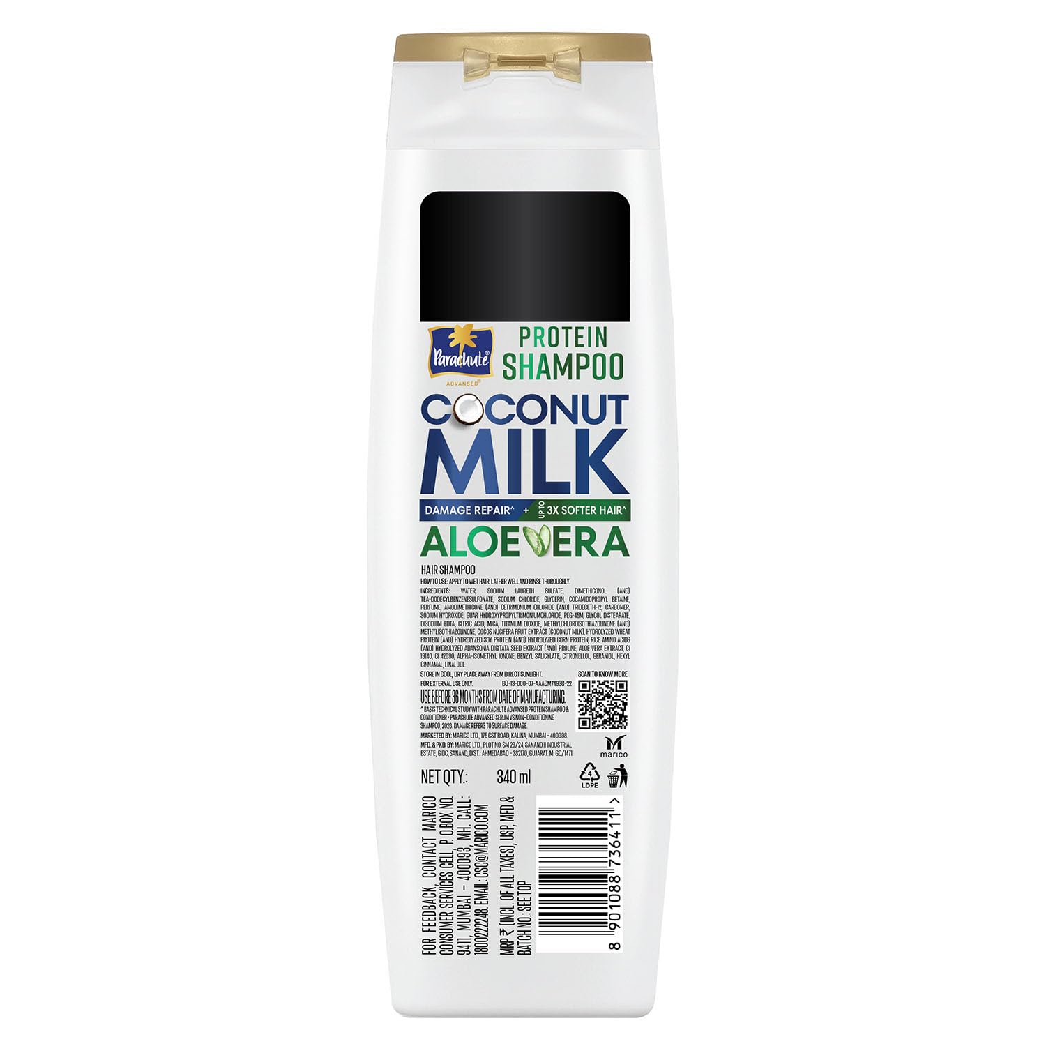Parachute Advansed Protein Shampoo | with Coconut Milk and Aloe Vera | For up to 100% Damage Repair & up to 3X Softer Hair | Protein Lock Technology | Paraben-Free | For Men & Women | 340ml