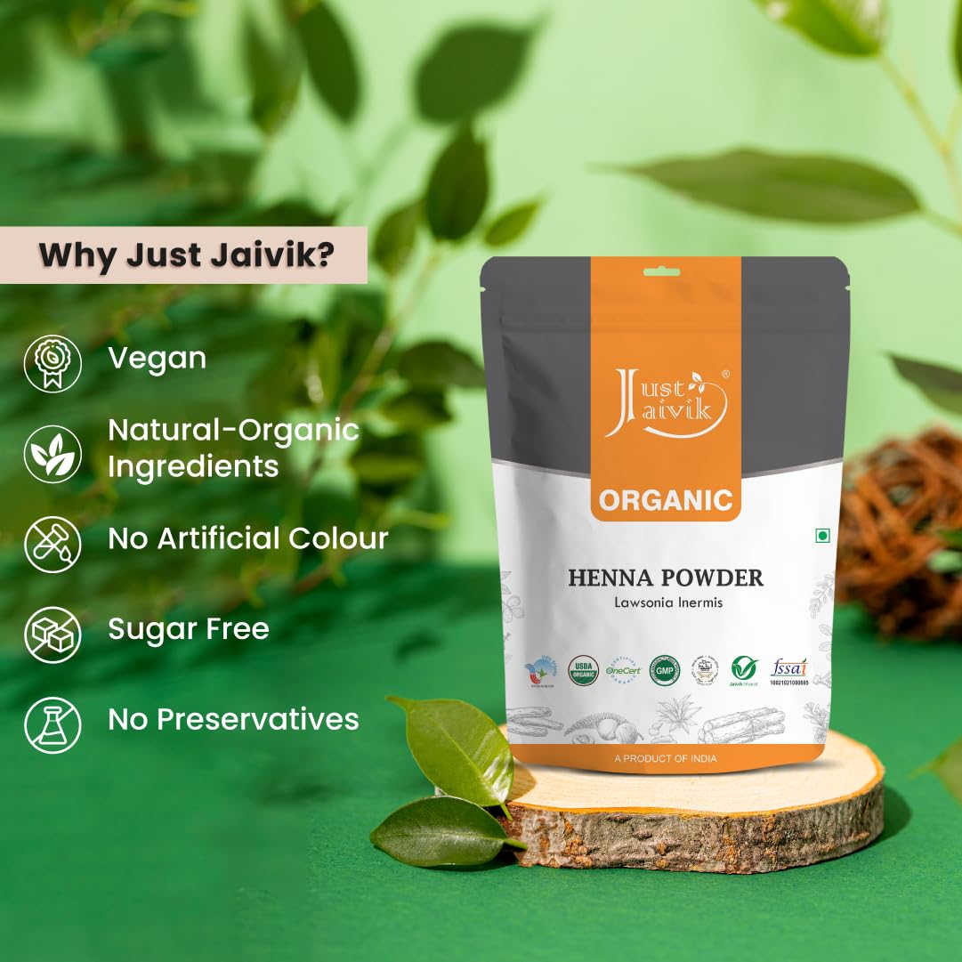 Just Jaivik Organic USDA Certified Henna Powder For Hair Certified by OneCert Asia for USDA Organic Standard 227 Gms / 0.5 LB/ 8 Oz, Natural, No chemical or additive