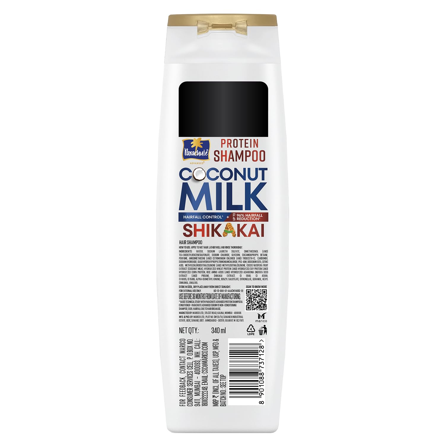 Parachute Advansed Protein Shampoo with Coconut Milk & Shikakai | Up to 96% Hair Fall Reduction & up to 23X Hair Fall Control | Protein Lock Technology | Paraben free | For Men & Women | 340ml