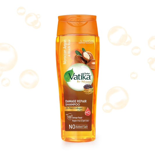 Dabur Vatika Bio-Infusions Damage Repair Shampoo | Moroccan Argan & Black Rice | 2% Plant Collagen + Vitamin C | 100% Damage Repair | Repairs Frizz & Split Ends | No Added Salt | For Dry & Damaged Hair