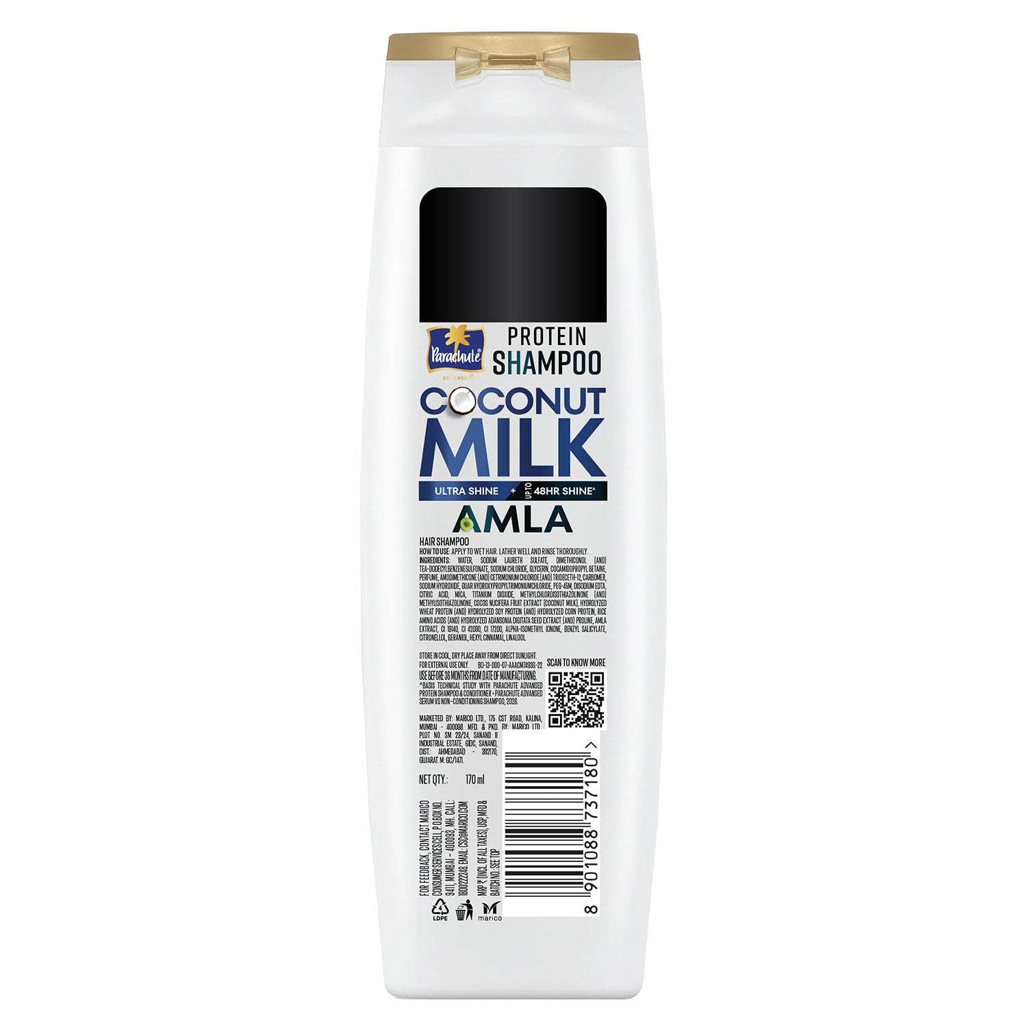 Parachute Advansed Protein Shampoo with Coconut Milk & Amla | Up to 48 hr Shine | Ultra Shine | Protein Lock Technology | Paraben free | For Men & Women | 170ml