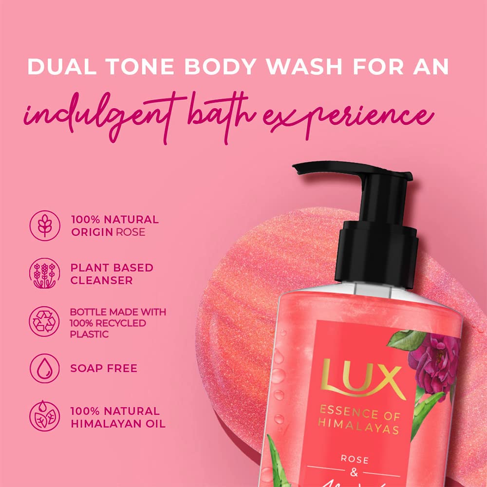 LUX Rose & Aloe Vera, Shimmering Body Wash, 400 ml, for Bright and Soft Skin, with 100% Natural Origin Rose Extract & Aloe Vera, Soap-Free, Paraben-Free, Plant Based Cleanser
