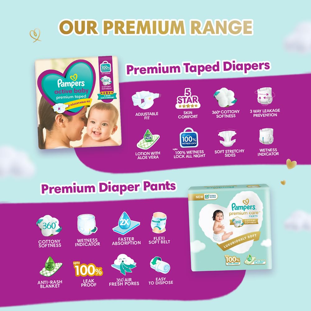 Pampers Active baby Tape Style Baby Diapers, Large (L), 78 Count, 9-14kg, Adjustable Fit with 5 Star Skin Protection Diapers