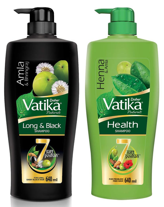 Dabur Vatika Long & Black Shampoo With The Goodness Of Amla & Bhringraj For Shiny, Black Hair, 640ml & Vatika Health Shampoo With Henna & Amla For Problem Free