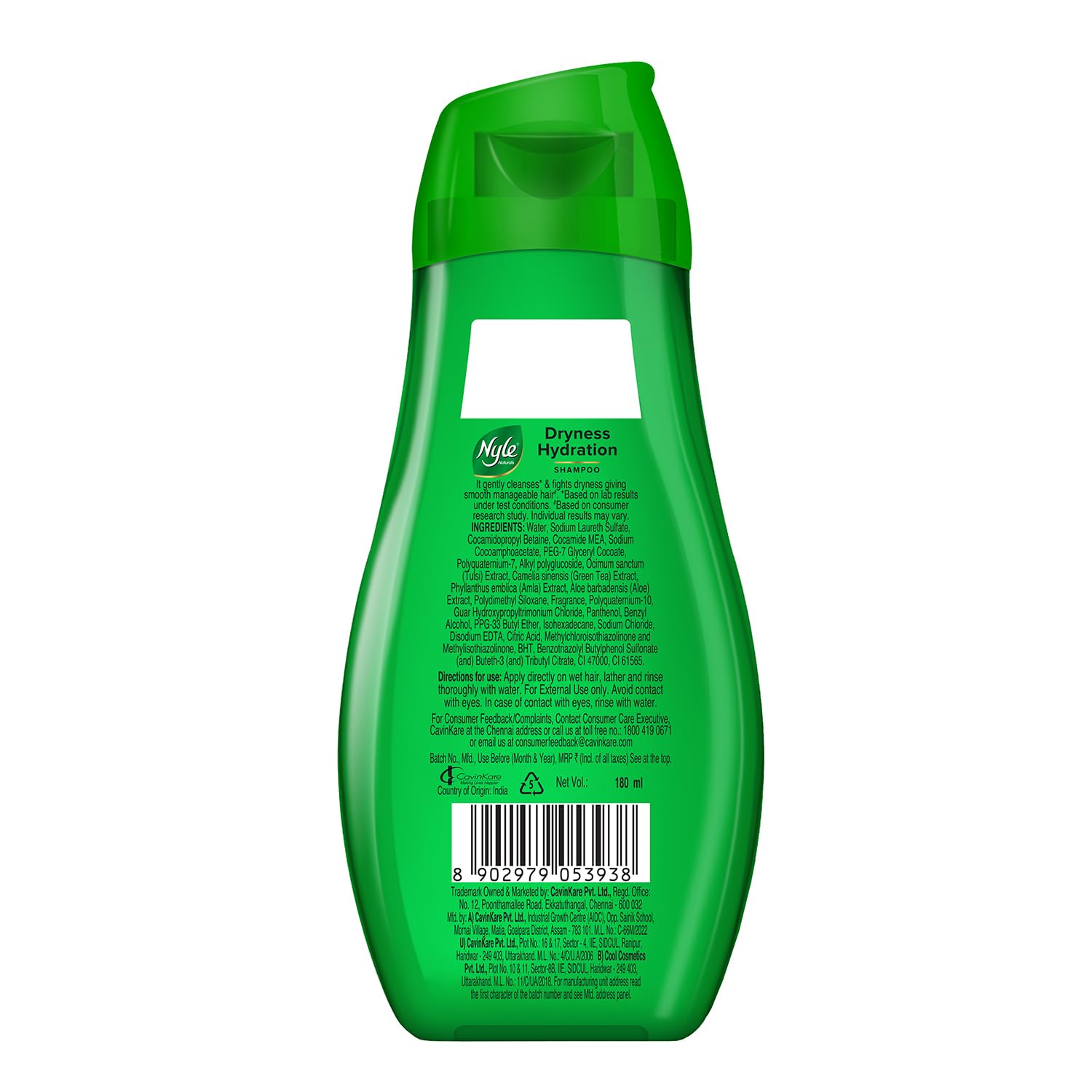 Nyle Naturals Dryness Hydration Shampoo, with Tulsi, Amla and Aloe Vera, Gentle & Soft Shampoo, pH Balanced and Paraben Free, 180ml