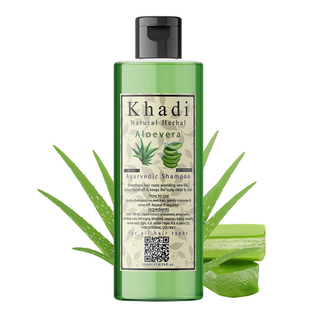Khadi Natural Herbal Anti Dandruff Aloevera Shampoo For Healthy & Shiny Hair | Control Hair Fall With 7 Herbal Ingredients | Paraben & Sls Free Shampoo Ayurvedic Hair Cleanser For Women & Men 200ml