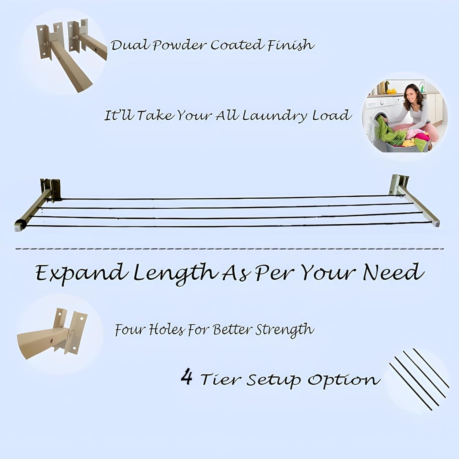 ERHETUS Heavy Duty Wall Mount Cloth Drying Stand | Foldable & Collapsible Cloth Dryer Hanger | Metal Clothes Dry Rack for Home, Balcony, Indoor, Outdoor with 40 Feet Rope and Fasteners (4 Tier)