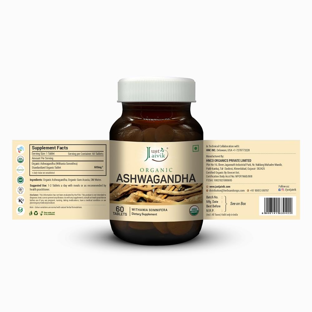 Just Jaivik Organic Ashwagandha Tablets (600mg, 60 Count) - Pure Withania Somnifera Root Supplement - USDA Certified Organic, Non-GMO & Vegan - Traditional Ayurvedic Adaptogen for Wellness