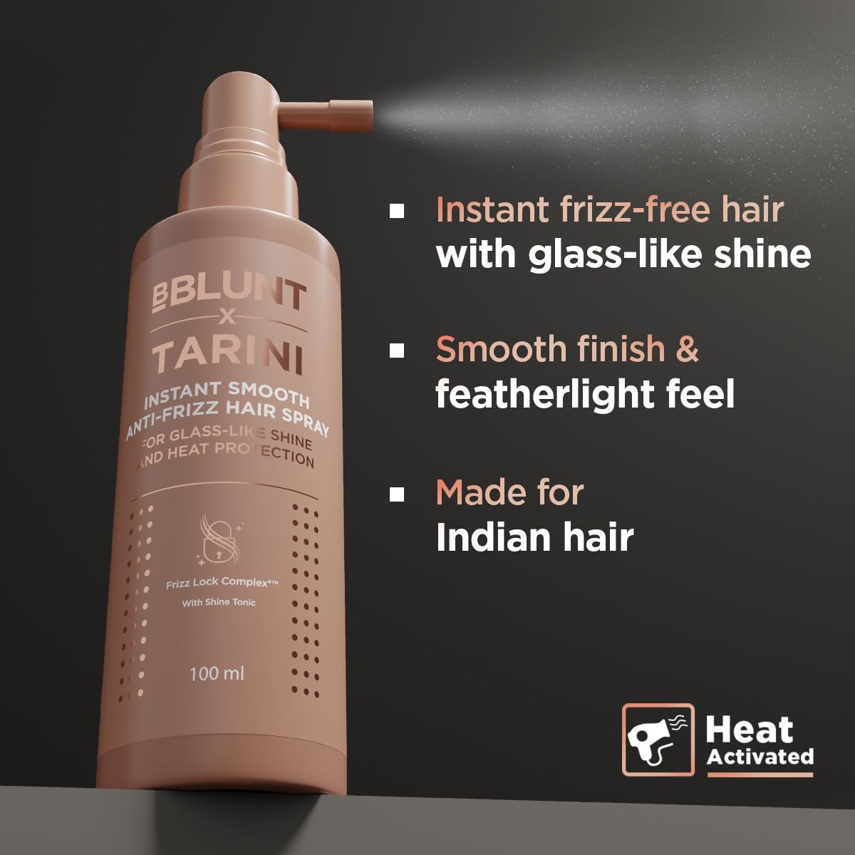 BBLUNT x TARINI INSTANT SMOOTH ANTI-FRIZZ HAIR SPRAY For Glass-Like Shine & Heat Protection |With Frizz Lock Complex™ & Shine Tonic | Humidity-Proof | Activated By Heat | Tarini Peshawaria Approved | All Hair Types