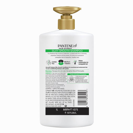 Pantene Hair Science Silky Smooth Shampoo 1000ml with Pro-Vitamins & Vitamin E for hydrated, frizz free hair,for all hair types, shampoo for women & men, shampoo for frizzy and dry hair
