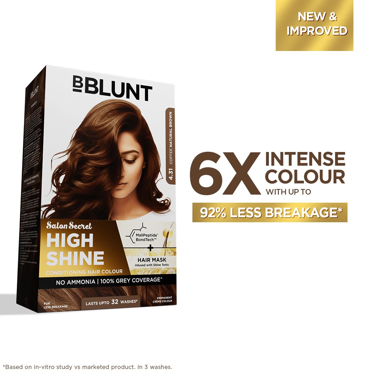 BBLUNT Salon Secret High Shine Conditioning Hair Colour With MaliPeptide BondTech™ to reduce breakage | Coffee Natural Brown 4.31 | No Ammonia 100%, Grey Coverage | Long Lasting Colour | Salon at home
