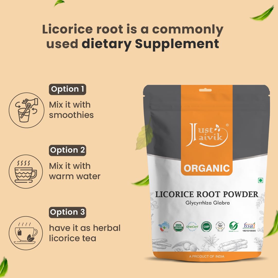 Just Jaivik Organic Licorice Root/Mulethi/Atimadhuram Podi/Athimadhura Hittu Powder 227g - USDA Organic Certified Herb