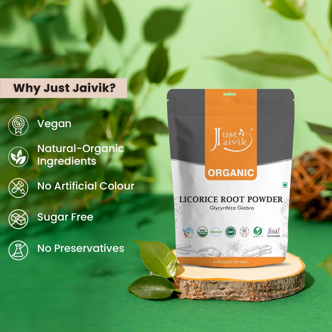 Just Jaivik Organic Licorice Root/Mulethi/Atimadhuram Podi/Athimadhura Hittu Powder 227g - USDA Organic Certified Herb