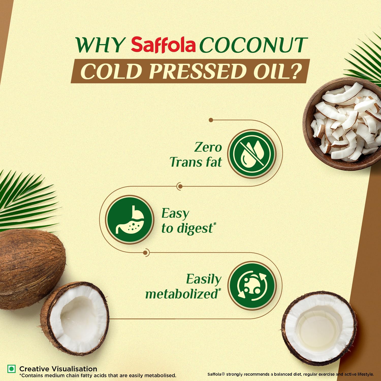 Saffola Cold Pressed Coconut Oil, 0 Trans fat, No chemicals or heat, Unrefined, 1L