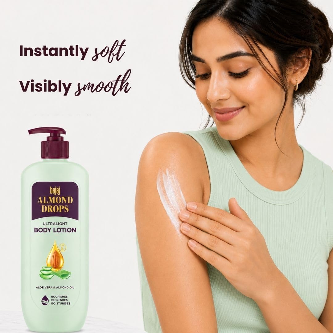 Bajaj Almond Drops Ultralight Body Lotion for Women and Men | Refreshing Hydration- Aloe Vera, Almond Oil & Vitamin E, 400 ml