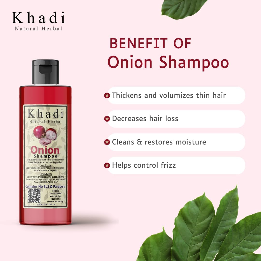 Khadi Natural Herbal Onion Shampoo For Hair Growth | Anti Dandruff Hair Fall Control Shampoo With Amla, Aloevera And Vitamin E Extract Strength Hair Pack Of 200Ml