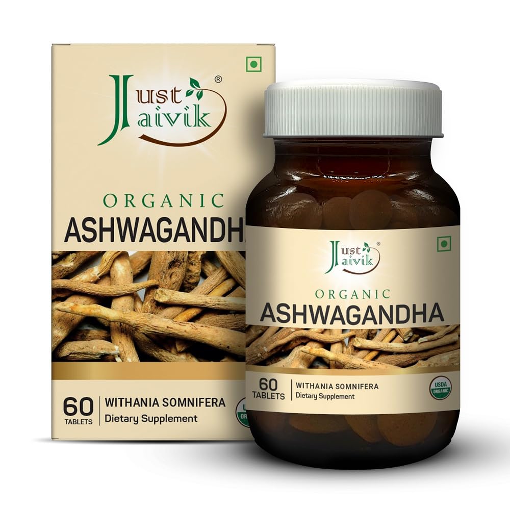 Just Jaivik Organic Ashwagandha Tablets (600mg, 60 Count) - Pure Withania Somnifera Root Supplement - USDA Certified Organic, Non-GMO & Vegan - Traditional Ayurvedic Adaptogen for Wellness