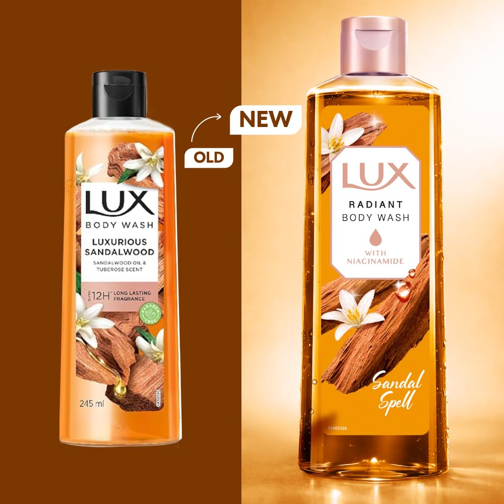 LUX Sandal Spell Bodywash, with Niacinamide, 245ml for Radiant & Bouncy Skin Feel