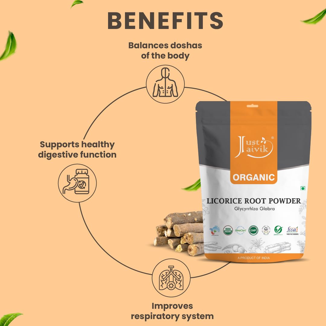 Just Jaivik Organic Licorice Root/Mulethi/Atimadhuram Podi/Athimadhura Hittu Powder 227g - USDA Organic Certified Herb