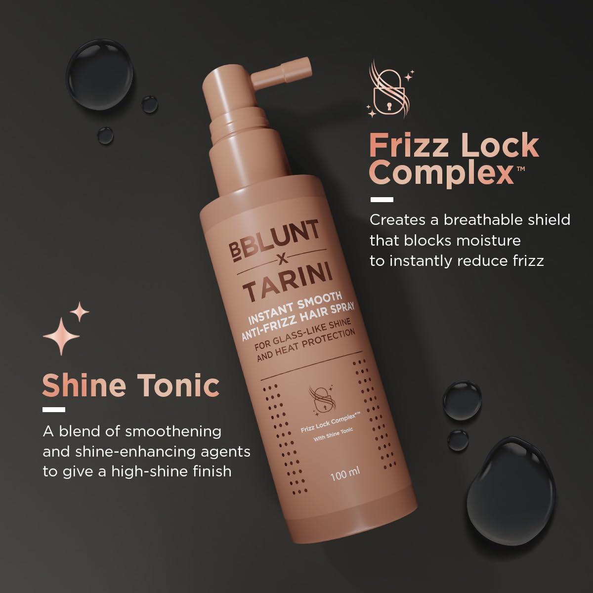 BBLUNT x TARINI INSTANT SMOOTH ANTI-FRIZZ HAIR SPRAY For Glass-Like Shine & Heat Protection |With Frizz Lock Complex™ & Shine Tonic | Humidity-Proof | Activated By Heat | Tarini Peshawaria Approved | All Hair Types