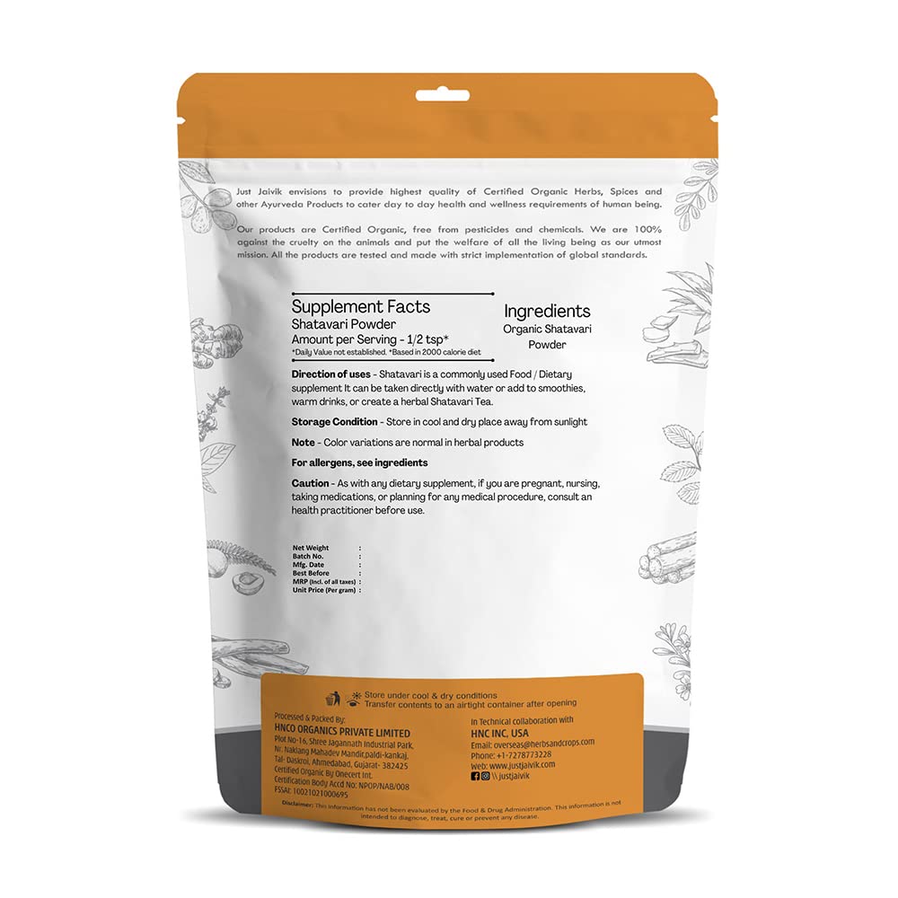 Just Jaivik 100% Organic Shatavari Powder, USDA Organic, 1/2 Pound / 227g, Asparagus Racemosus, Rejuvenative for Vata and Pitta that Promotes Vitality and Strength