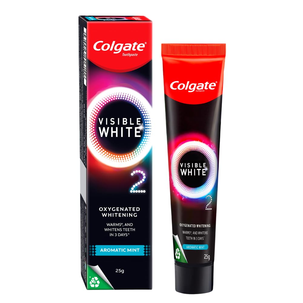 Colgate Visible White O2, Teeth Whitening Toothpaste (25g) for noticeably whiter teeth starting in 3 days with Active Technology, Enamel Safe Teeth Whitening & Fresh Breath(pack of 2)