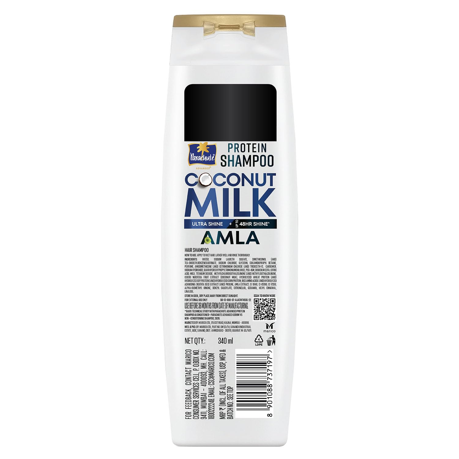 Parachute Advansed Protein Shampoo with Coconut Milk & Amla | Up to 48 hr Shine | Ultra Shine | Protein Lock Technology | Paraben free | For Men & Women | 340ml