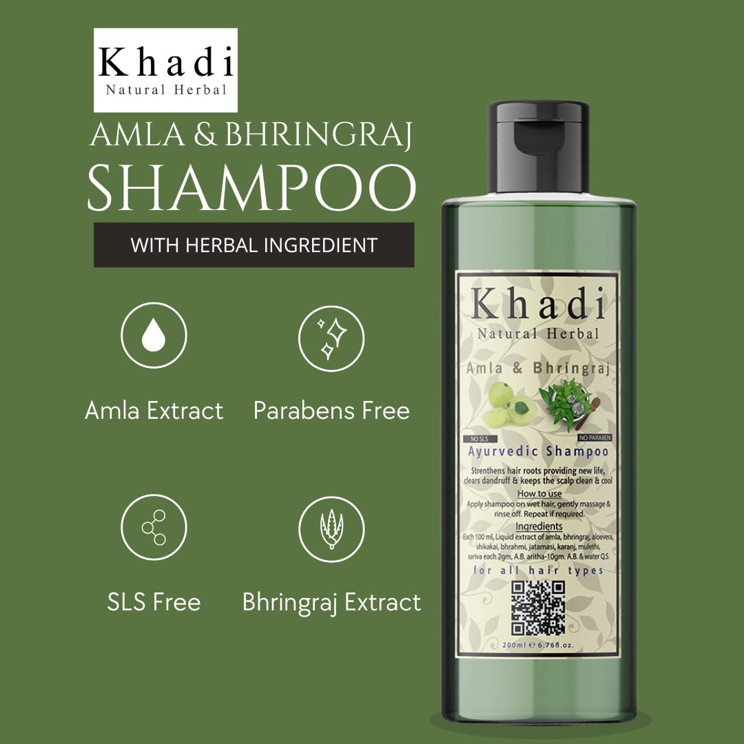 Khadi Natural Herbal Amla And Bhringraj Shampoo | Anti Hair Fall & Anti Dandruff Shampoo | Enriched With 9 Herbal Extracts | Nourishes & Strengthen Hair | Suitable For All Hair Types | Paraben & Sls Free Hair Cleanser For Women & Men 200ml