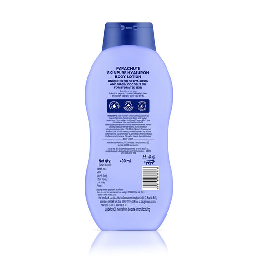 Parachute SkinPure Hyaluron Body Lotion with Virgin Coconut Oil | Deep Hydration for All Skin Types | Moisturises for up to 72 Hours* | Clean, Nourishing Formula | 400 ml