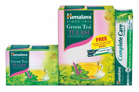 Himalaya Green Tea Tulasi|20 Tea Bags x 2g Each|Free Complete care Toothpaste|Contains Real Tulasi|No Artificial Flavors|Eases Cough and Cold Symptoms