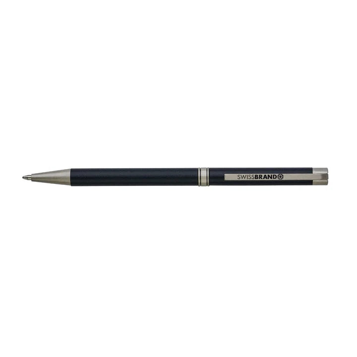 SWISSBRAND Glide 2528 Matte black chrome Ballpoint Pen with chrome trim.