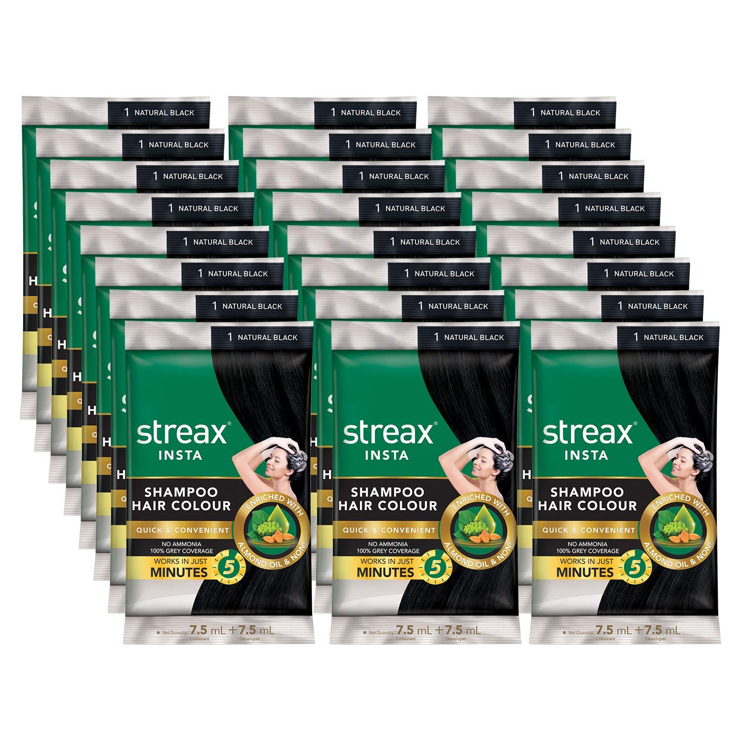 Streax Insta Shampoo Hair Colour For Men & Women | Enriched With Almond Oil & Noni Extracts | Long-Lasting Instant Colour | Natural Black, 15 ml (Pack of 24)