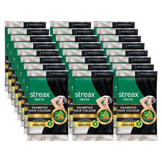 Streax Insta Shampoo Hair Colour For Men & Women | Enriched With Almond Oil & Noni Extracts | Long-Lasting Instant Colour | Natural Black, 15 ml (Pack of 24)