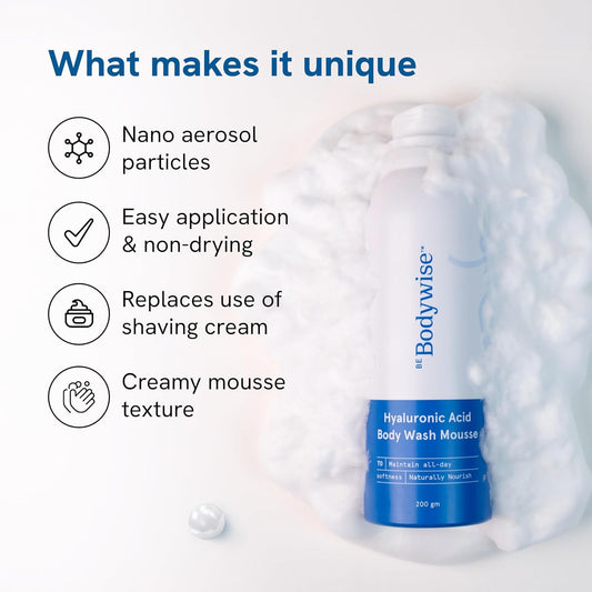 BeBodywise 1% Hyaluronic Acid Body Wash Mousse for Dull & Dehydrated Skin - 200 gm