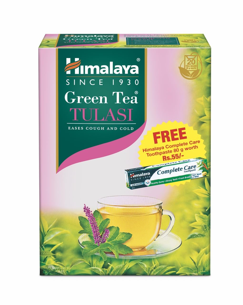 Himalaya Green Tea Tulasi|20 Tea Bags x 2g Each|Free Complete care Toothpaste|Contains Real Tulasi|No Artificial Flavors|Eases Cough and Cold Symptoms