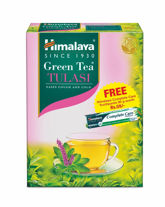 Himalaya Green Tea Tulasi|20 Tea Bags x 2g Each|Free Complete care Toothpaste|Contains Real Tulasi|No Artificial Flavors|Eases Cough and Cold Symptoms