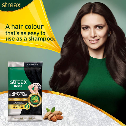 Streax Insta Shampoo Hair Colour For Men & Women | Enriched With Almond Oil & Noni Extracts | Long-Lasting Instant Colour | Natural Black, 15 ml (Pack of 24)