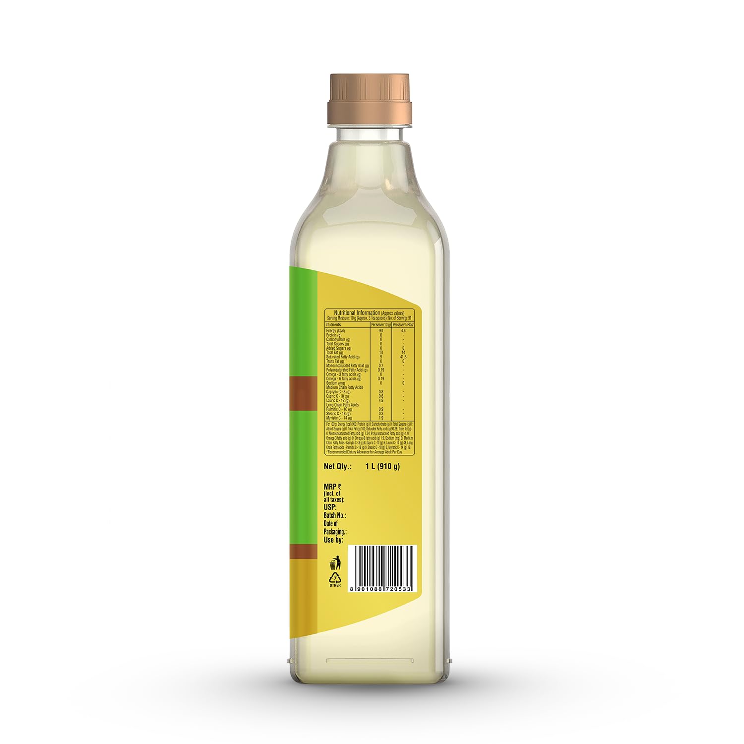 Saffola Cold Pressed Coconut Oil, 0 Trans fat, No chemicals or heat, Unrefined, 1L