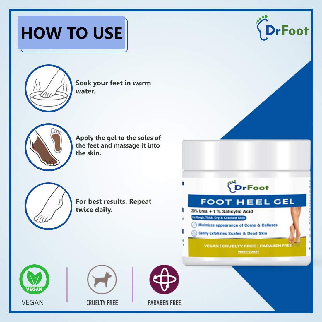 Dr Foot, Foot Heel Gel 20% Urea and 1% Salicylic Acid Moisturizes Callus Cracked Rough Dry Dead Skin and Corns Softens Thick Painful Nails – 100gm