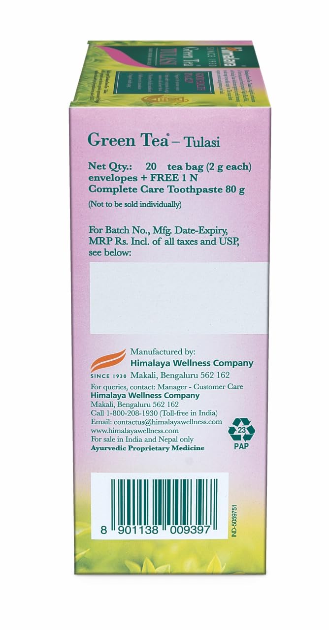 Himalaya Green Tea Tulasi|20 Tea Bags x 2g Each|Free Complete care Toothpaste|Contains Real Tulasi|No Artificial Flavors|Eases Cough and Cold Symptoms
